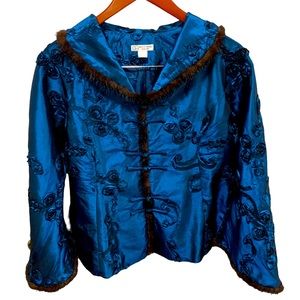 Grace Chuang Silk Taffeta Jacket - Faux Blue Fur- Size XL
